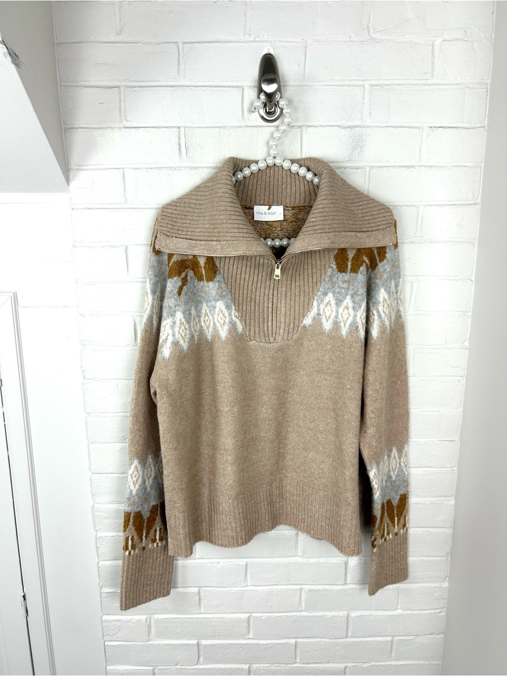 Mia & Tess Fair Isle Chunky Ribbed Collar Knit Sweater Size L